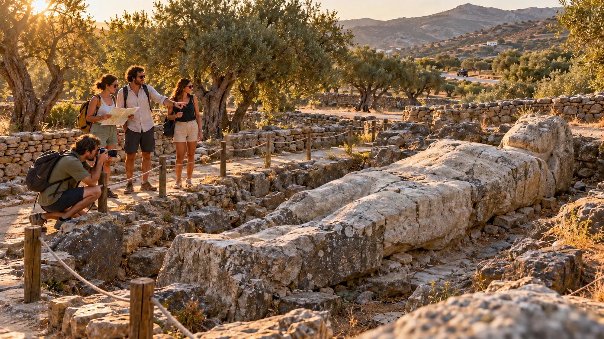 Illustrative scene of travellers among olive trees and ancient stonework