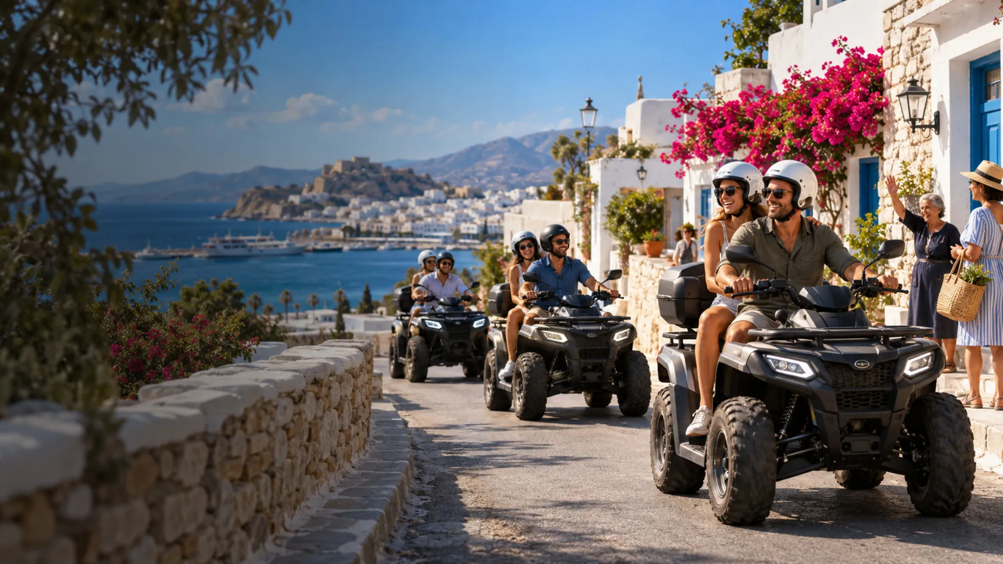 Friends ride ATVs on a paved road through a Naxos village