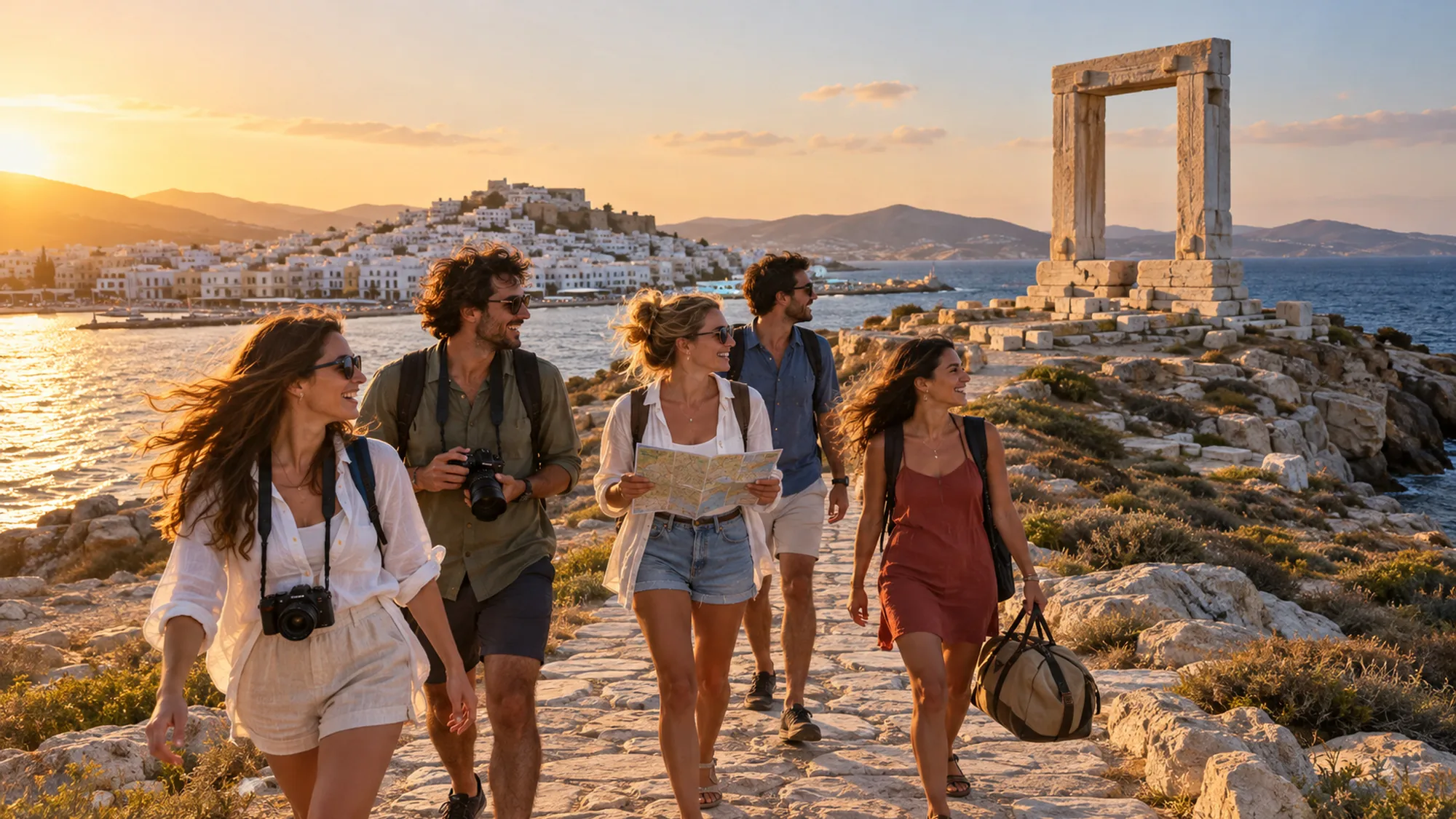 Illustrative scene of travellers exploring historic Naxos at sunset