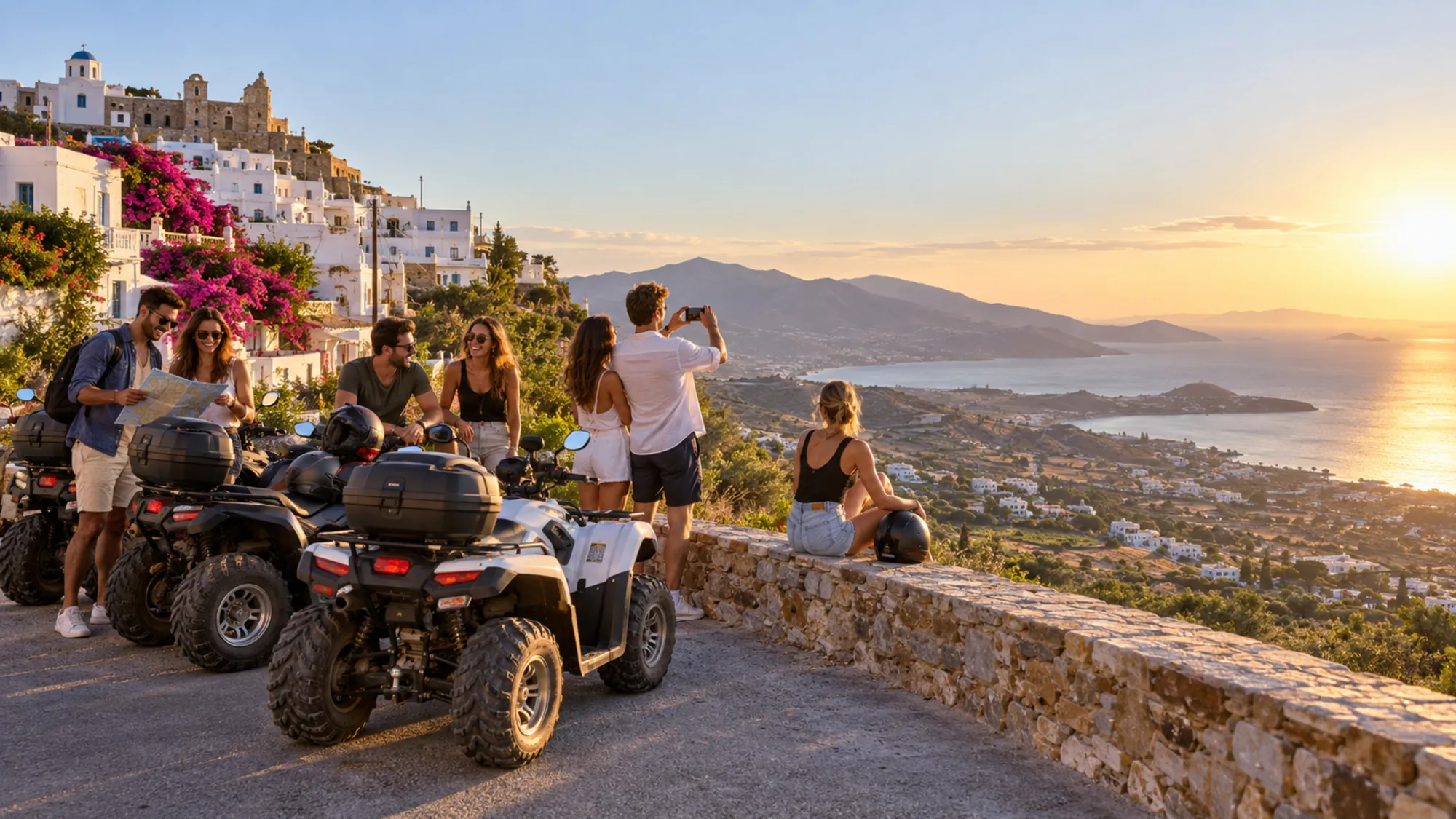 Friends take in the evening view with parked ATVs nearby