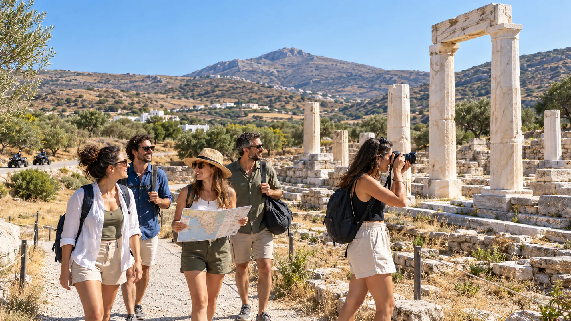 Illustrative scene of visitors exploring ancient marble remains on Naxos